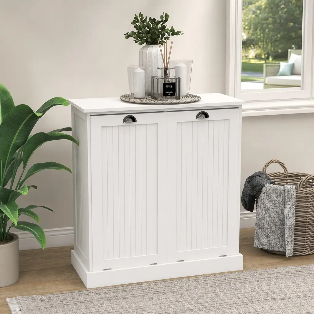Two-Compartment Tilt-Out Laundry Sorter Cabinet with Removable Bags, White MDF Storage Cabinet for Laundry Room, Bathroom, or Bedroom, 14.57W x 32.68D x 31.50H in, Easy Assembly, White Color Options, MDF Material, Product Dimensions: 14.57 W x
