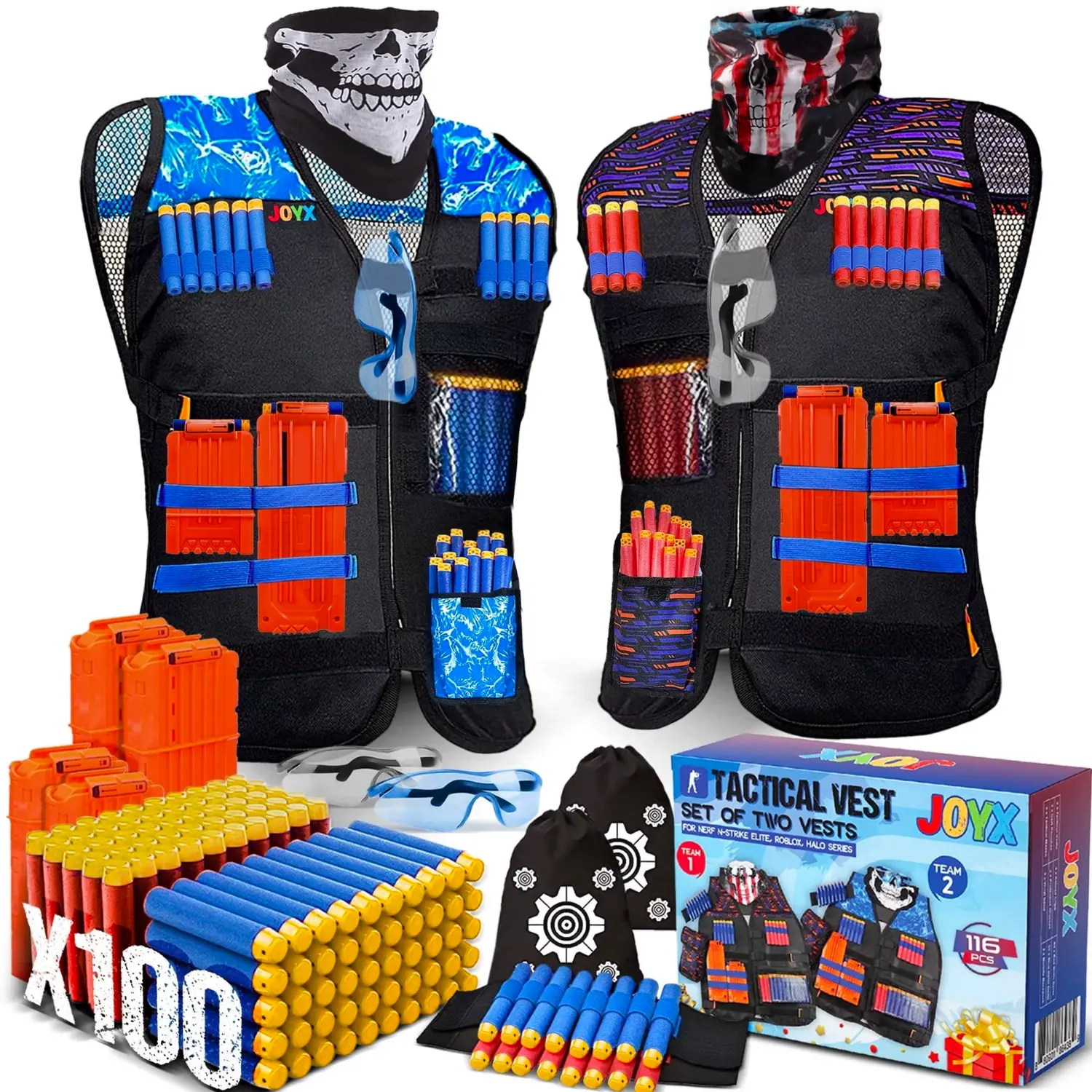 JoyX Tactical Vest Kit Action-Packed Party Supplies Foam Dart Accessories, Team Play Equipment (2 Sets) | 100 Extra Darts Included outdoor sport nerf  rebelle Kids' Outdoor Insanity Mega
