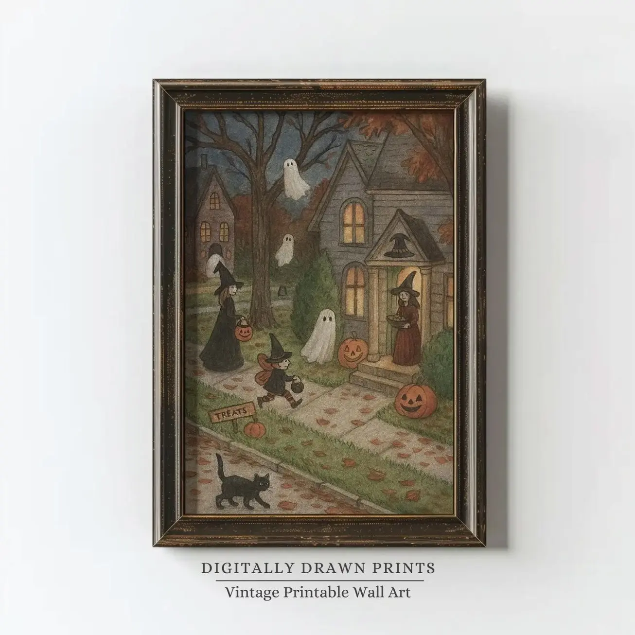 Vintage Halloween Wall Art Print, Cute Ghosts and Witch Poster, Spooky Fall Decor, Kids Room Wall Art | Frameless Poster Y