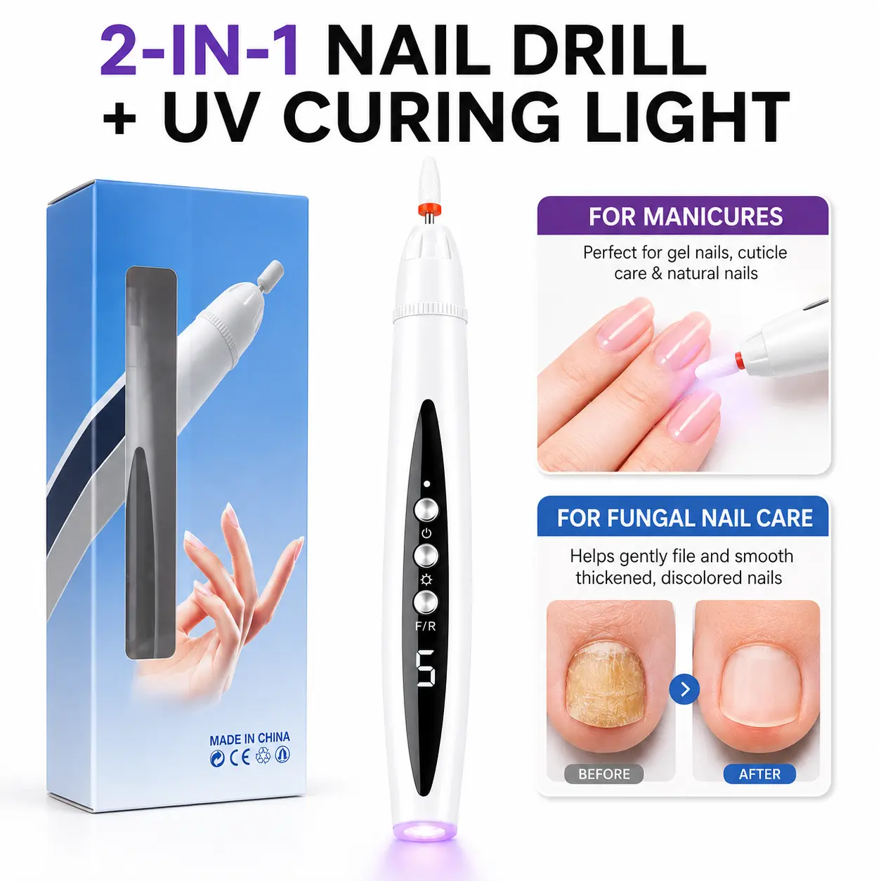 2-in-1 Rechargeable Nail Drill with LED Light, Cordless Electric Nail File, Portable 5-Speed Nail Care Tool for Manicure, Pedicure, Shaping, and Buffing