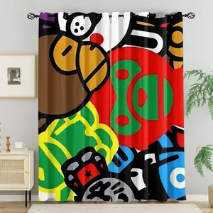 Cartoon High Saturation Color Block Ape Head Characters Blackout Curtain Set, 2 Pieces, No Drill Ring Design, Washable Fabric, Bedroom Living Room Dorm Thermal Insulation, UV Protection, Home Decor