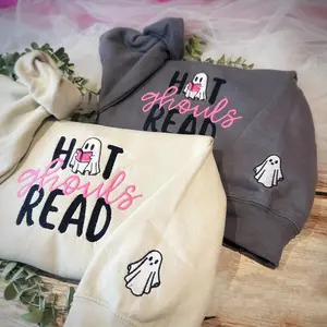 Hot Ghouls Read Embroidered Sweatshirt ~ Cute Bookish, Ghost Sweater ~ Spooky Season Ghost Sleeve Detail ~ Halloween Unisex Jumper