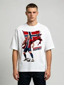 Norway Soccer Cotton Tee T-Shirt with Flag Design and Player Graphic for Erling Haaland Fans