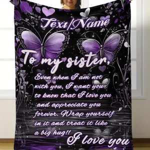 Personalized Sister Gift Blanket - Custom Name "To My Beloved Sister" Message, Soft and Lightweight Flannel Blanket, Purple Butterfly and Heart Design - Suitable for Sofa, Bed, Travel, and Living Room - Available Sizes: 31x47inch , 50x60inch , 60x80inch ,
