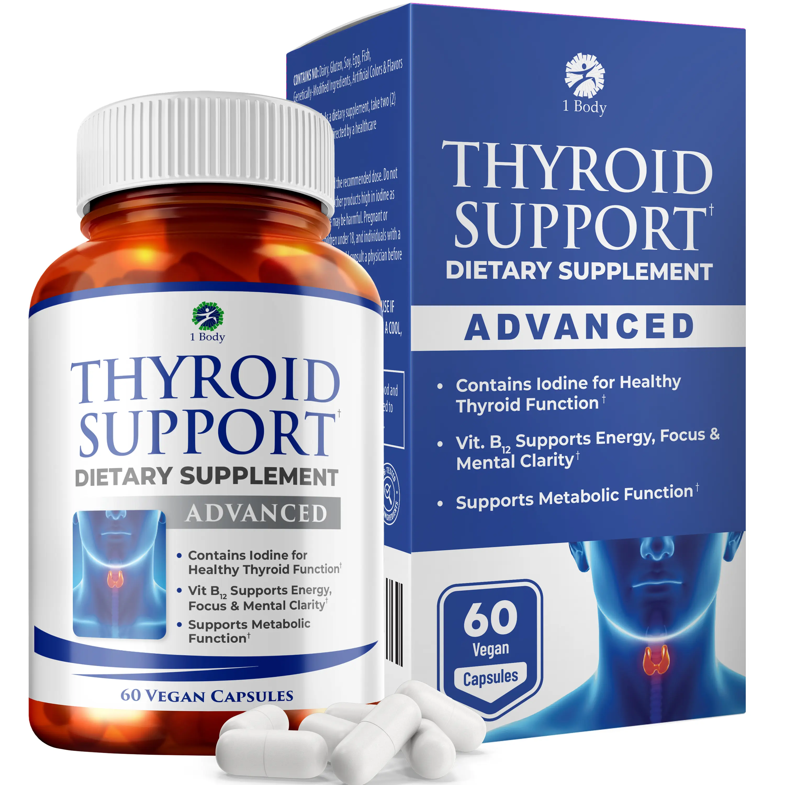 1 Body Thyroid Support Supplement with Iodine - Energy & Focus Support Formula - Vegetarian & Non-GMO, Healthy Supplements