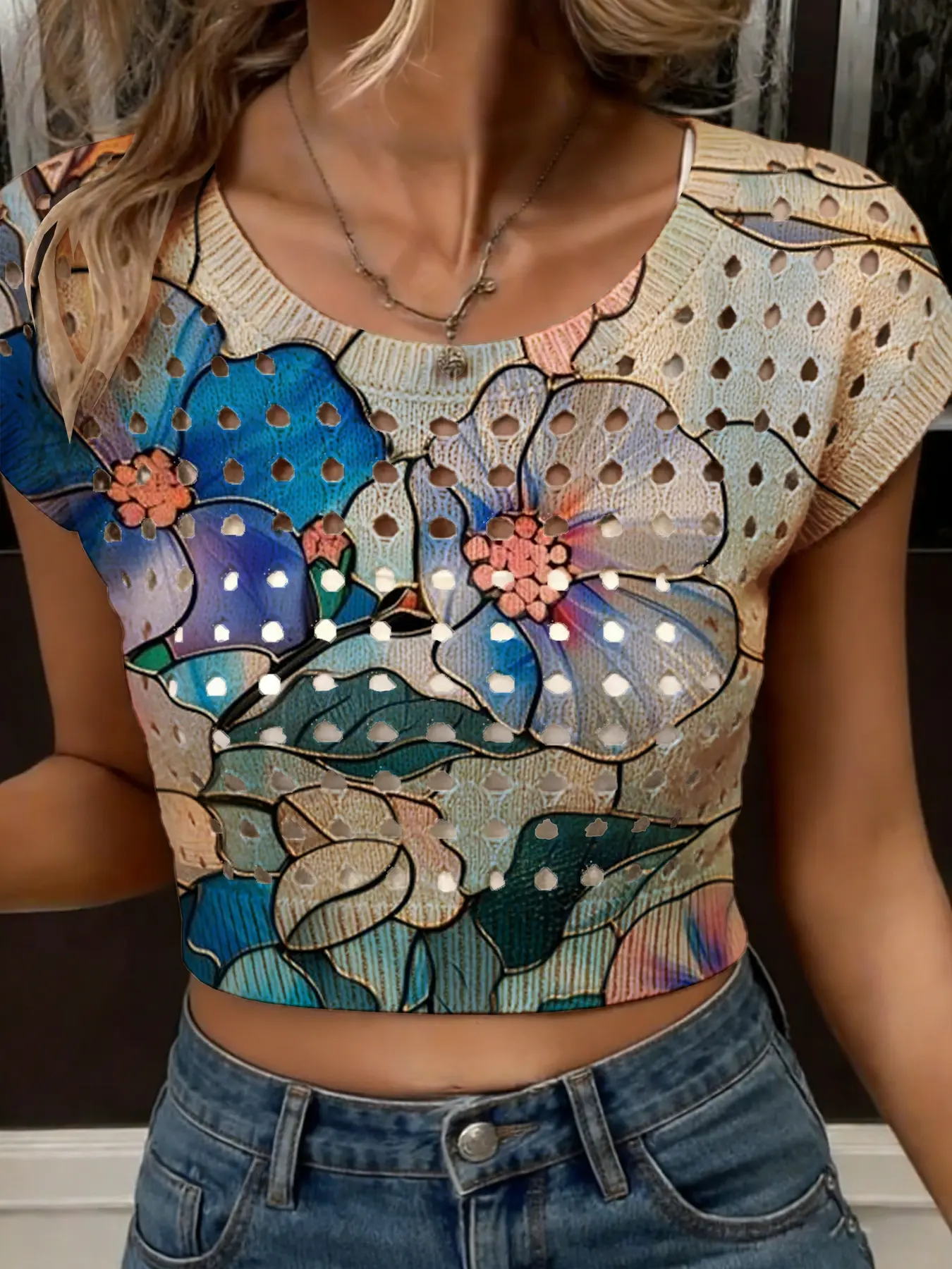 Women's Peacock Feather Print Round Neck Short Sleeve Knit Sweater, Casual Breathable Hollow Out Design, All Seasons Fashion Top