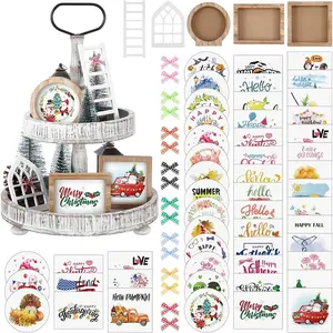 48 Pcs Interchangeable Seasonal Farmhouse Tray Decor Set with Wood Frames, Ladders, Tray Not Included Decoration Round Gifts Window Wooden Ornaments