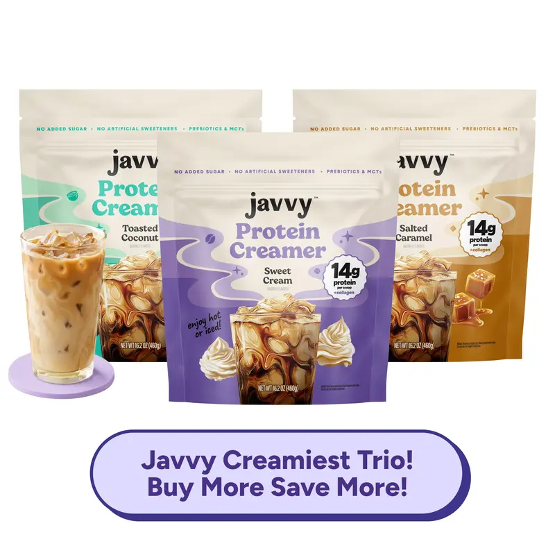 Javvy Creamiest Trio TikTok Exclusive Bundle Protein Coffee Creamer Grass Fed Pasture Raised Collagen Hair, Skin & Nail Support, Energy-Boosting MCTs, Keto Friendly, Gluten Free, No Added Sugar, 14g of Protein Healthcare Dietary