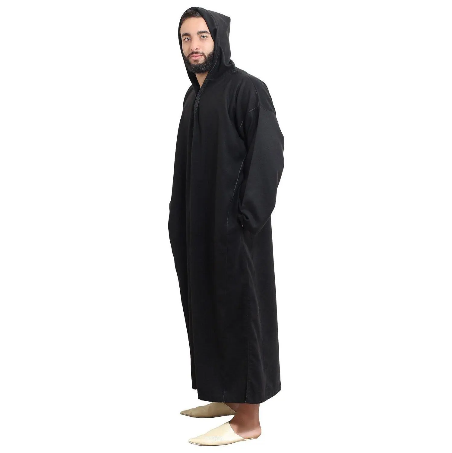 Moroccan Men Djellaba Handmade Winter Cotton Delicate Embroidery Black Large to X-large