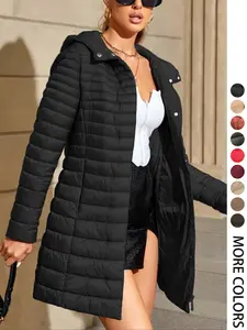 Women's Plus Size Long Puffer Coat for Fall Winter, Warm Hooded Coat with Pockets, Casual Fitted Outerwear, Elegant Commuter Style Clothes