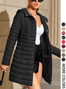 【plus size】 solid quilted hooded coat, casual long sleeve button front outerwear for fall & winter, women's clothes for daily wear