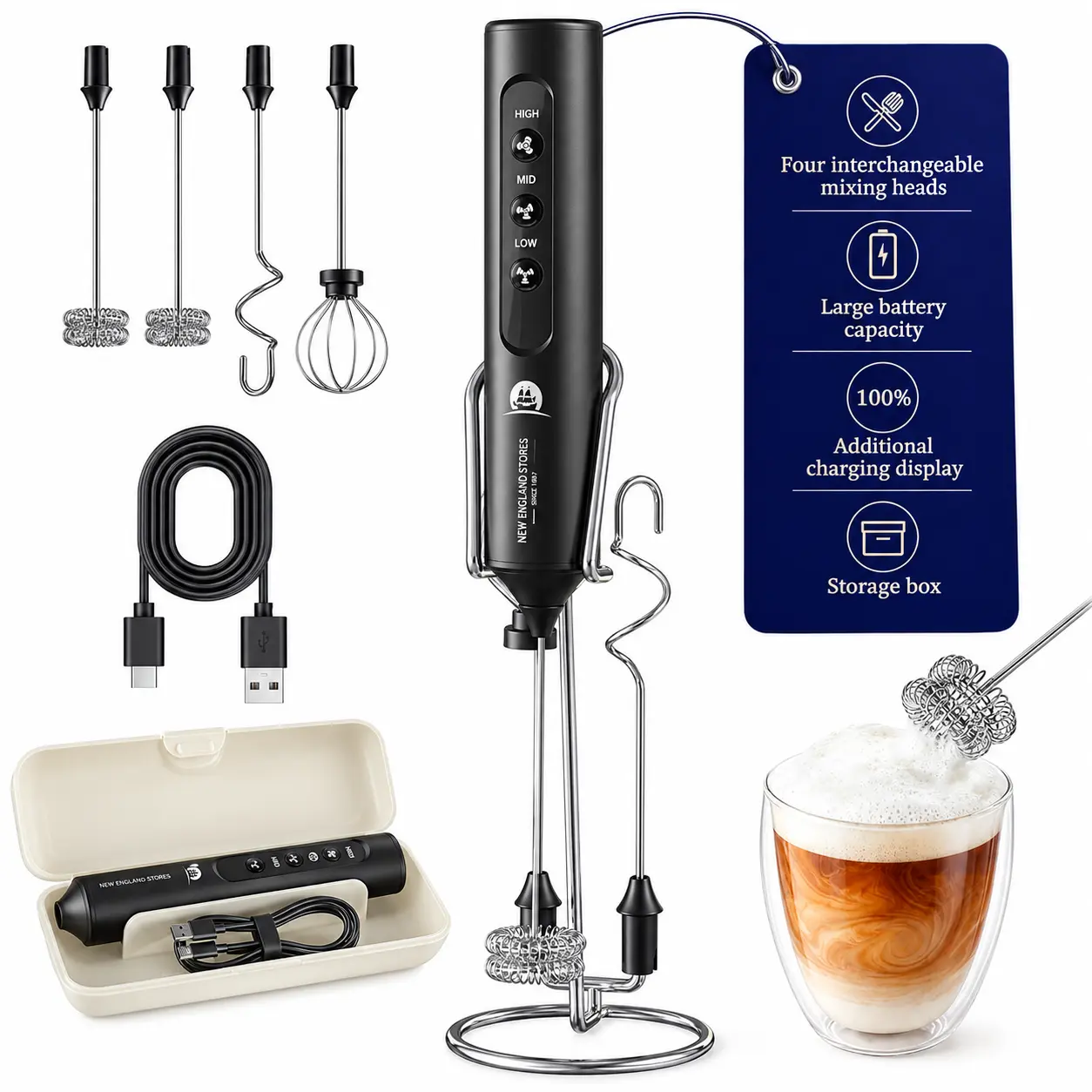 Rechargeable Cordless Automated Milk Frother - Handheld Kitchen Gadget, Coffee & Tea Accessory, 4 Dishwasher-Safe Whisks, 1500mAh Battery, 3 Speed Smart Control, Compact Travel Case, Auto Shut-Off, for Home Chefs, Office Use