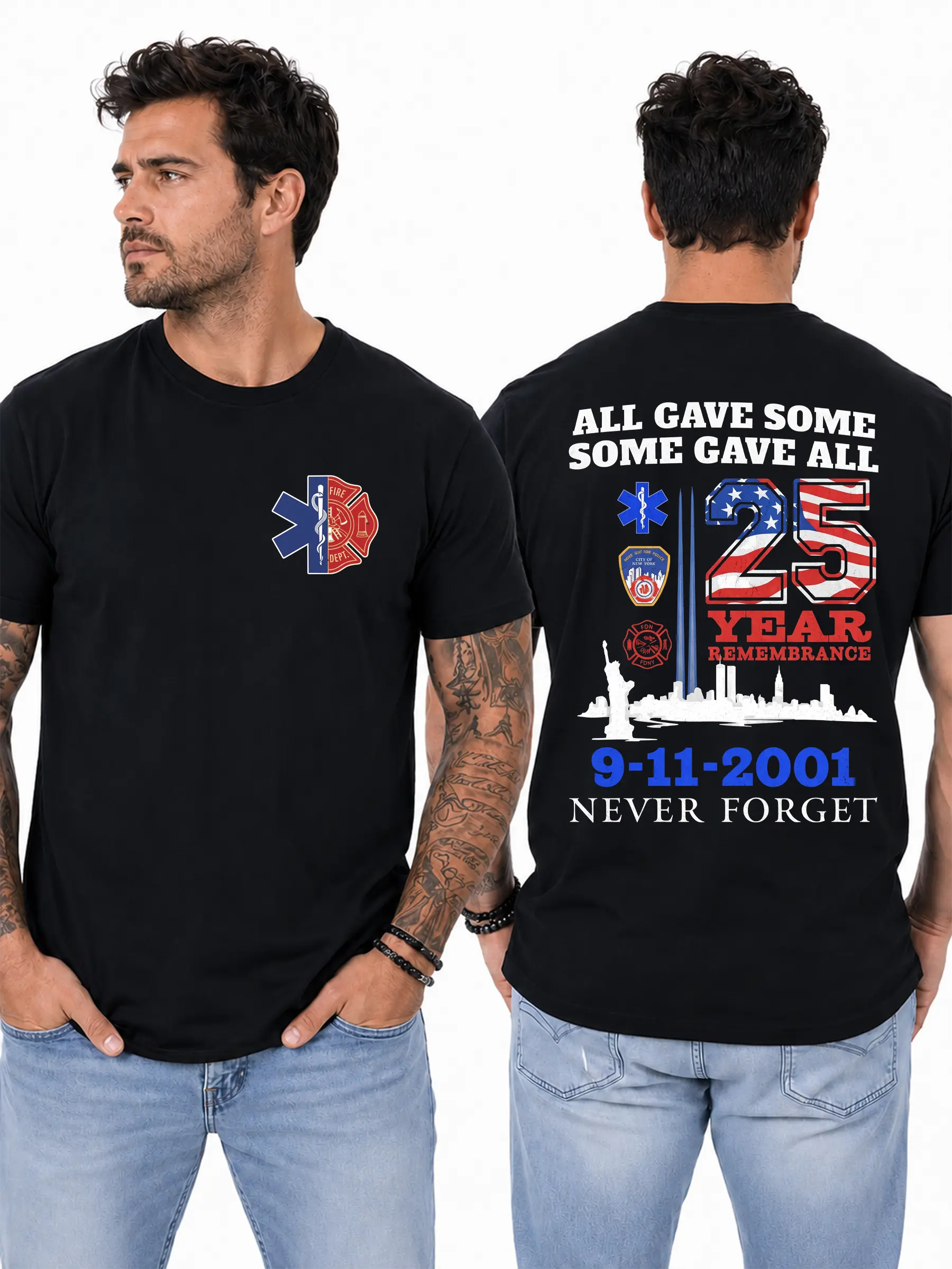 9/11 Remembrance T-Shirt, 25 Year Memorial American Flag Graphic, First Responder Shirt for Firefighters & EMS Workers, Patriotic Gift for First Responders