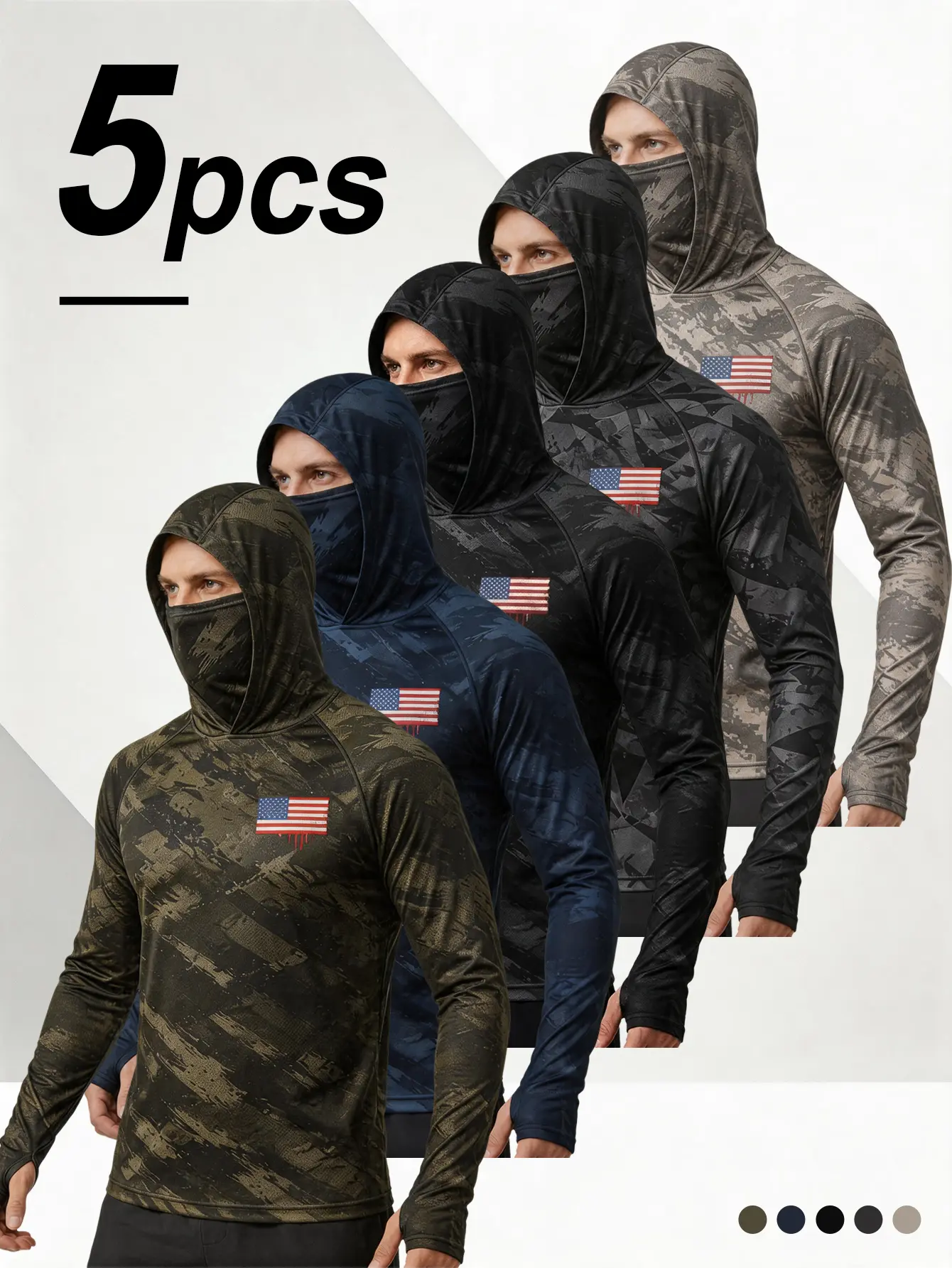 5PCS Men’s Camouflage Hoodies, UPF 50 UV Protection, Long Sleeve Shirts with Integrated Face Mask, Quick-Dry Stretch, for Fishing, Hunting, Outdoor Activities, American Flag,travel essentials,camping essentials