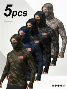 5PCS Men’s Camouflage Hoodies, UPF 50 UV Protection, Long Sleeve Shirts with Integrated Face Mask, Quick-Dry Stretch, for Fishing, Hunting, Outdoor Activities, American Flag