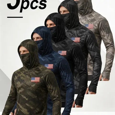 SKYWEHYD Men’s 5PCS Camo Prints Breathable Sports Tops, UPF 50 UV Protection Long Sleeve Hoodies with Built-in Hood Shields Face and Neck, Quick-Dry Stretch Outdoor Gear, Boating Rash Guards, Gym Training Athletic Wear (Fishing, Hunting)