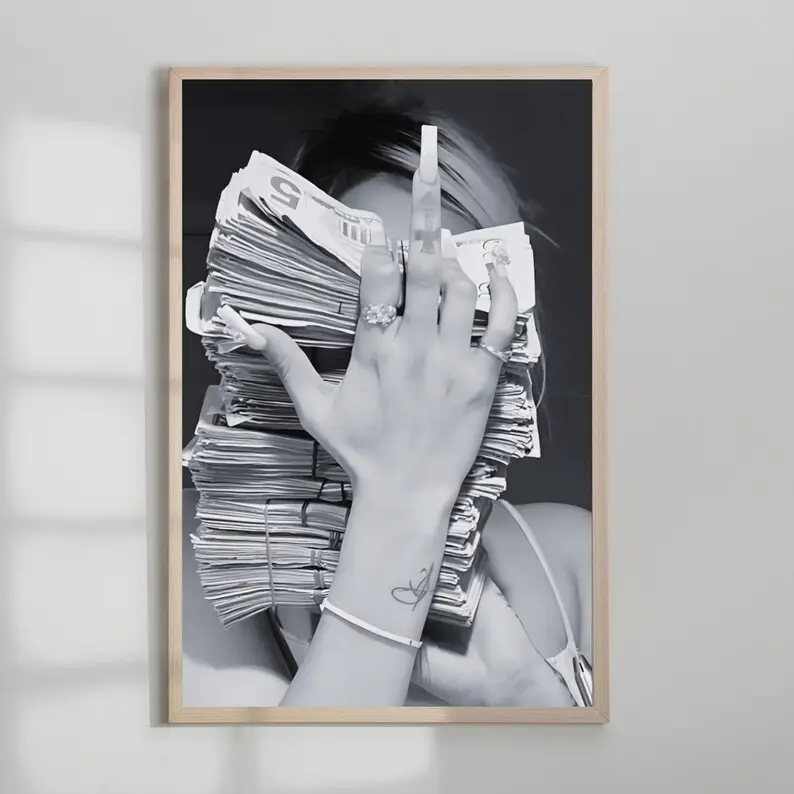 Money Middle Finger Wall Art, Black and White Cash Poster, Hustle Motivation Print, Baddie Aesthetic Rich Decor