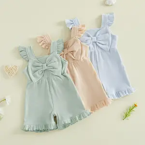 Canrulo Toddler Girl Outfit Baby Summer Romper Cute Bow Sleeveless  Jumpsuit Shorts Overalls Clothes 6M-5T