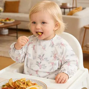 1Pcs Waterproof Long Sleeve PU Baby Bib, Washable Multiple Pattern Eating Hygiene Feeding Bib with Pocket Included, Easy Clean Toddler Bib, Waterproof Bibs for 6-24 Months