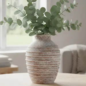 【Mother's Day】Warm Sand Beige Textured Ceramic Vase 6.9” Rustic Farmhouse Pottery, Handcrafted Decorative Vase for Home Decor, Table Centerpiece for Pampas Grass or Flowers