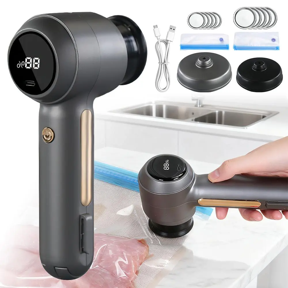 【BackToSchool】Cordless Handheld Automatic Vacuum Sealer Machine, 60kPa Strong Suction, 1.1 lbs Compact Vacuum Sealing Machine, 2 Sealing Nozzles, 5 x Large Storage Bags, 5 Extra Bags, Charging Cable for Food Freshness & Organizing Kitchen