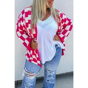 Pirouette Checkered Pattern Open Front Plus Size Cardigan