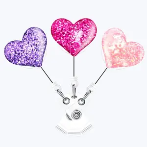 Glitter Heart Shaped Badge Holder, 1 Count Retractable Badge Reel, Identification Badges & Supplies for Students Nurse Office Workers