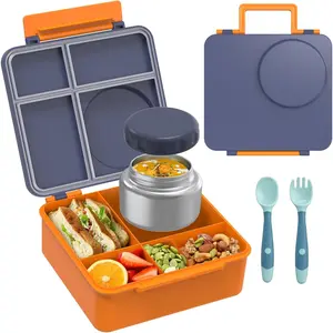 Bento Lunch Box Set for Kids Leak-Proof 4 Compartment Lunch Containers with Insulated Hot Food Jar and Foldable Fork Spoon for School (Navy Blue)