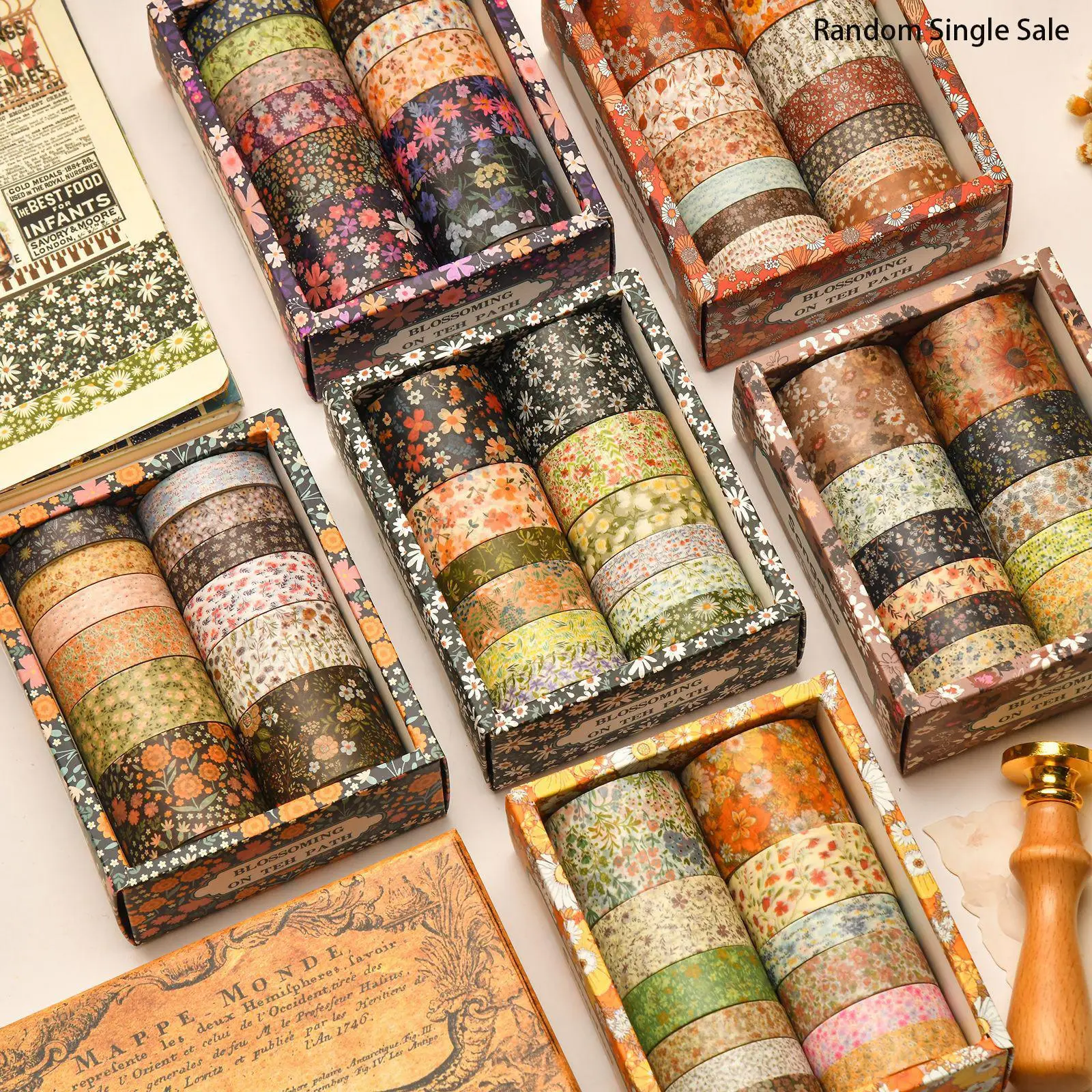 Random Color Washi Tape, 12 Rolls Flower Pattern DIY Retro Washi Tape, DIY Decorative Material for Scrapbooking Collage Journaling