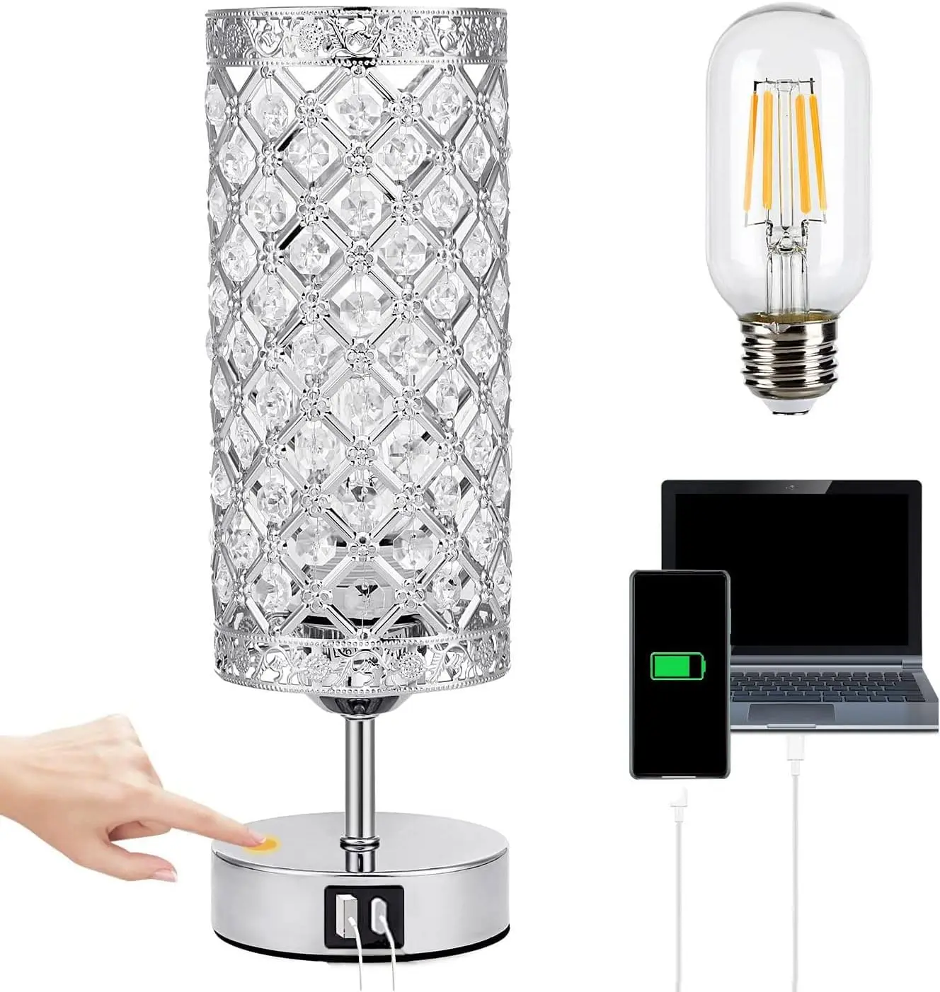 Minimalist Luxury K9 Crystal Table Lamp with Soft Light, Black Metal Accents, Built-in USB-C/USB-A Ports, Plug-in Design - Room Decor for Bedside Tables, Living RoomsCrystalLamp DeskLamp K9 Crystal Desk Lamp USB Charging Table Light