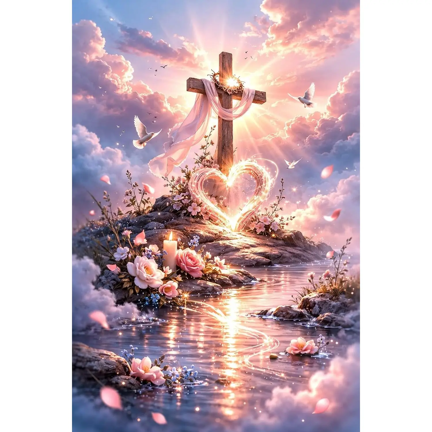 5D Diamond Painting Kit Wooden Cross Glowing Heart Soft Cloud Dove Pink Rose Candle Calm Pastel Sky Water Reflection Spiritual Warm Light Crystal Rhinestone Wall Decor Gift