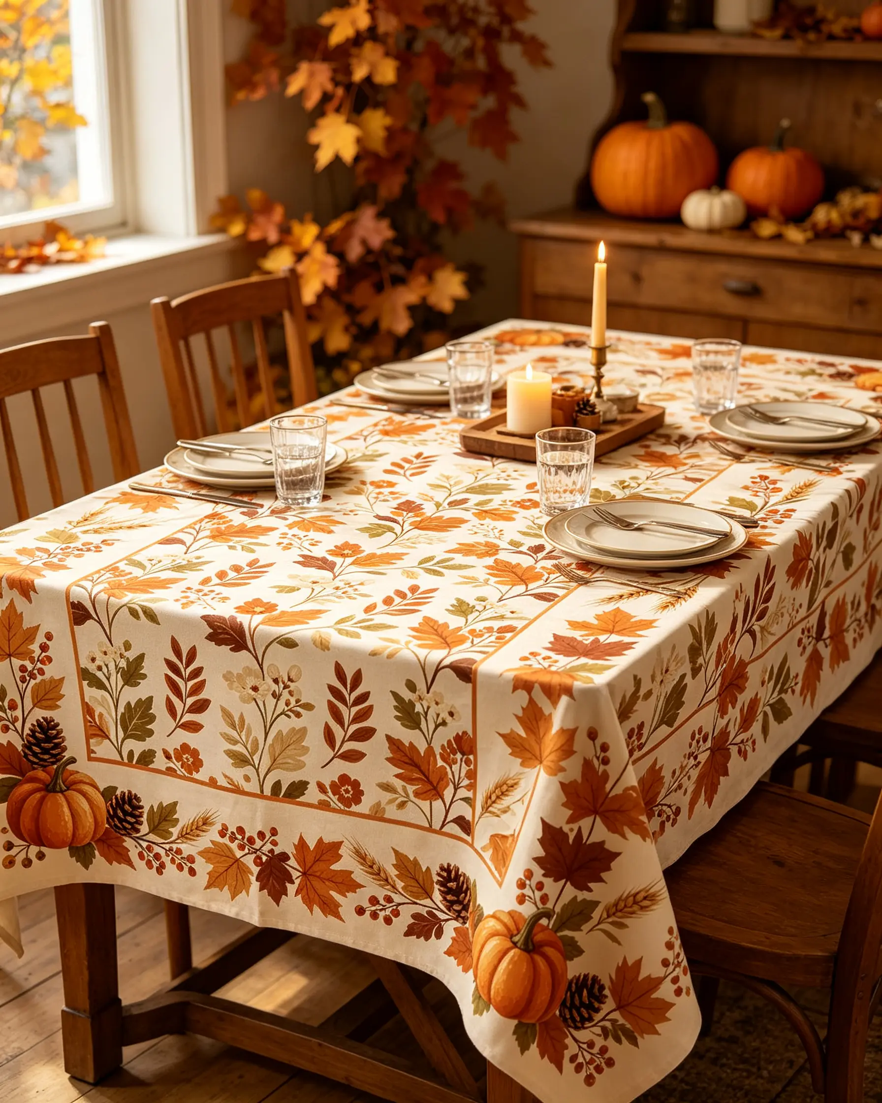 Various custom-printed tablecloths, perfect for family dinners, holidays, and everyday home use