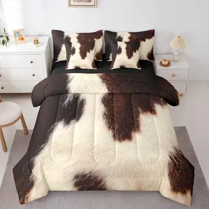 White Brown Cow Print Comforter Set,Cowhide 7 Pieces Bedding Bull Cattle Skin Bed Set with Sheets Wildlife Fur Hair Farmhouse Animal Bed in A Bag Bedroom Decor