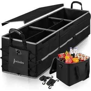 Collapsible Trunk Organizer for Car with Insulated Leak-proof Cooler Bag, 3 Compartments SUV Cargo Organizer Removable Dividers, 5-in-1 Car Storage Organizer with Foldable Lid, 2 Tie-Down Straps (Black)