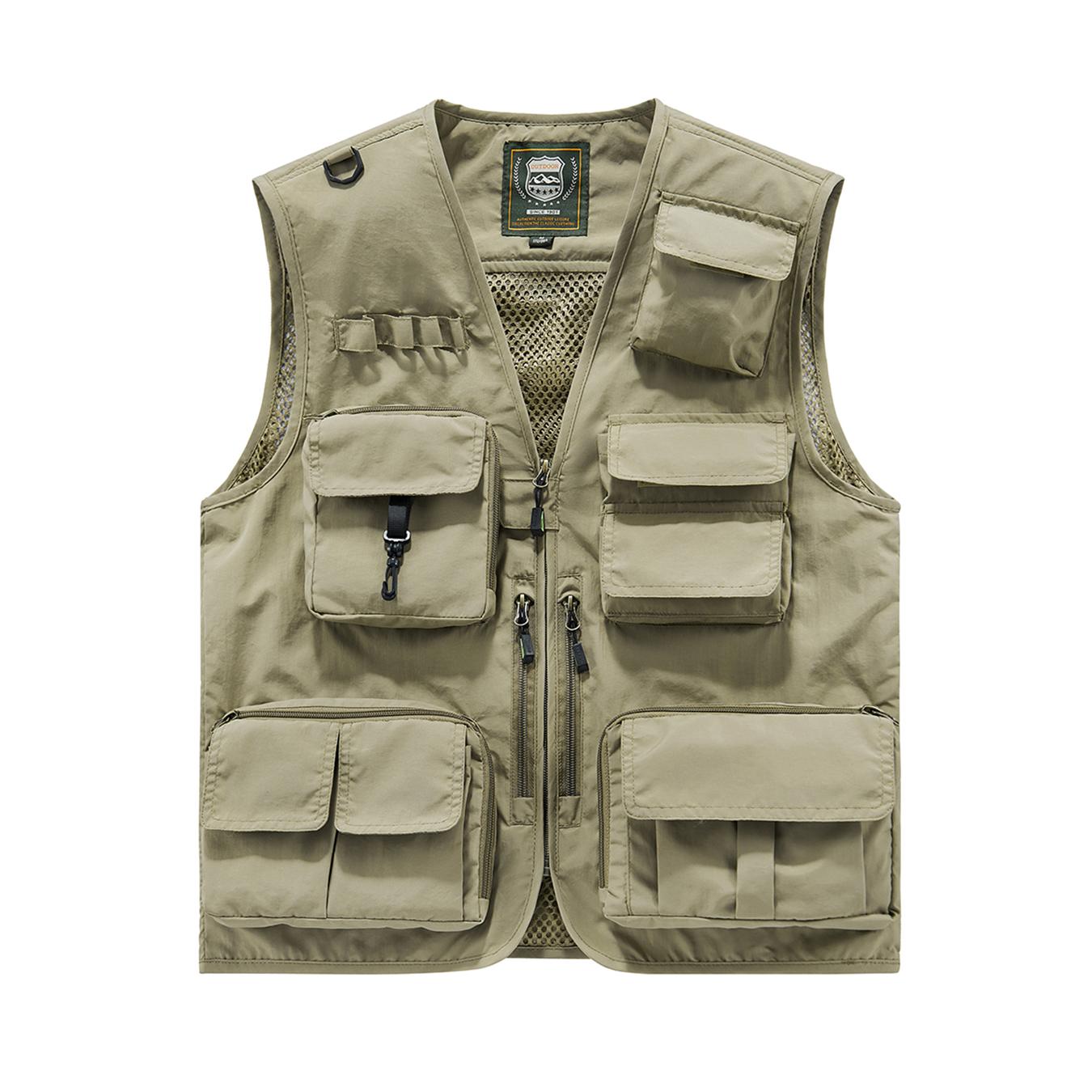 Men’s multi-pocket utility fishing vest, lightweight breathable outdoor vest lined with mesh, functional work vest for hiking, photography, and hunting