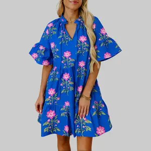 Dear-Lover Women's Cotton Blend Bohemian Floral Dress - V-Neck, Half-Sleeve, Loose Fit, Ruffled Flares, Lightweight Blue Flower Casual Dress with Comfortable Fabric, Flower Casual Dresses