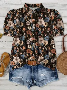 Women's Floral Print Digital Elegance Square Neck Lantern Short Sleeve Blouse Shirt, Elegant Stylish Casual Loose Top for Daily Wear, Perfect for Spring & Summer, Womenswear
