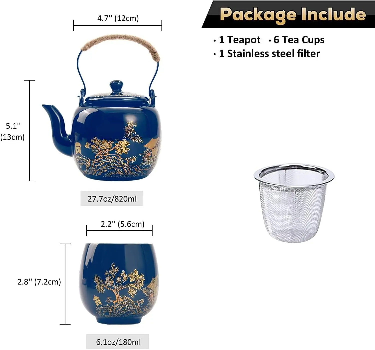 Japanese Black Glazed Ceramic Tea Set Gift Set with 1 Teapot 1 Tea Strainer 6 Teacups Ideal for Home Outdoor Office Blue2