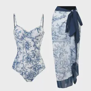 Retro Print One-Piece Swimsuit – Conservative Slimming Swimwear with Steel Support & Chiffon Skirt