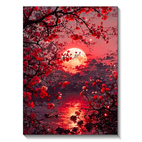 Water reflection red moon diamond painting set, suitable for adult beginners, DIY round diamond diamond art set, gemstone inlay art easy, home wall decoration 30x40cm/11.81x15.75inch Canvas