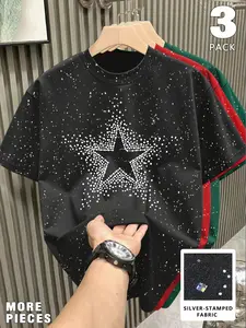 3-piece set Men's Casual Short Sleeve T-Shirt , Loose Fit, Starry Sky Reflective Design, Outdoor Essential, Daily Wear Fashion Top