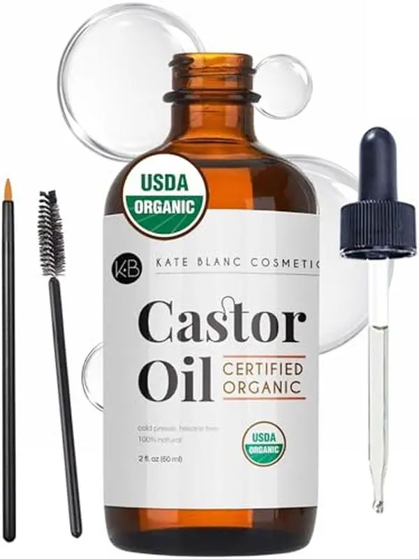 Kate Blanc Cosmetics Castor Oil Organic for Hair, Lashes, Face, Skin (2oz) | 100% Pure, Cold Pressed, Hexane Free Hair Oil in Glass Bottle. Lash Serum for Thicker-Looking Eyelashes & Eyebrows