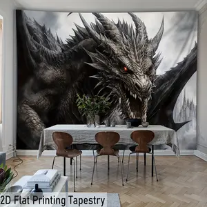 [2D Flat Printing] 1pc Fierce Dragon Tapestry, Symbol of Power large Size Peach Light Beige Photo background, Bedroom Aesthetic Hanging Tapestry for Bedroom Office Living Room Home Decor, with Free Accessories