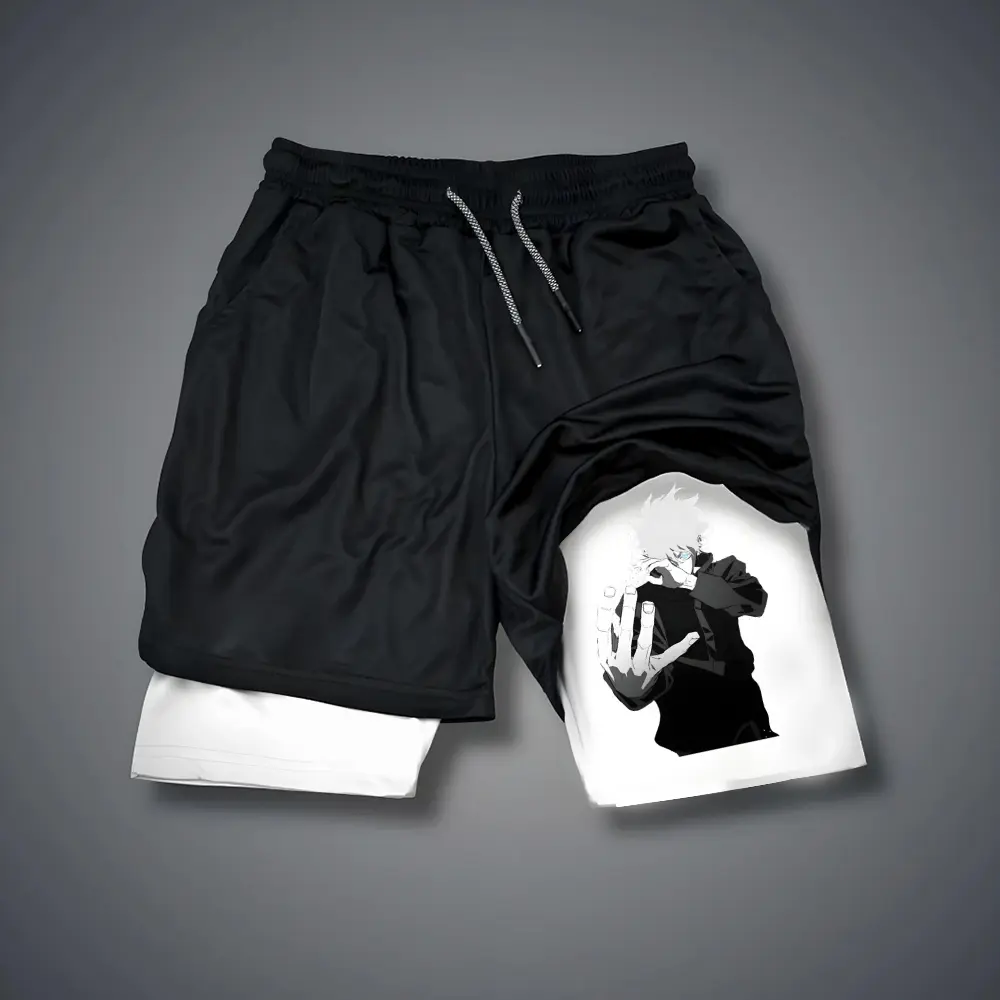 Jujutsu Kaisen Anime 80s 90s Double-Layer Sports Shorts Graphic Shorts Black Camo Streetwear Shorts Men Outfits Men Vacation Outfits Shorts