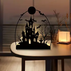 Halloween Castle Iron Candle Holder, Bat Silhouette Design, Perfect for Halloween Party Table Decor, No Wax Included