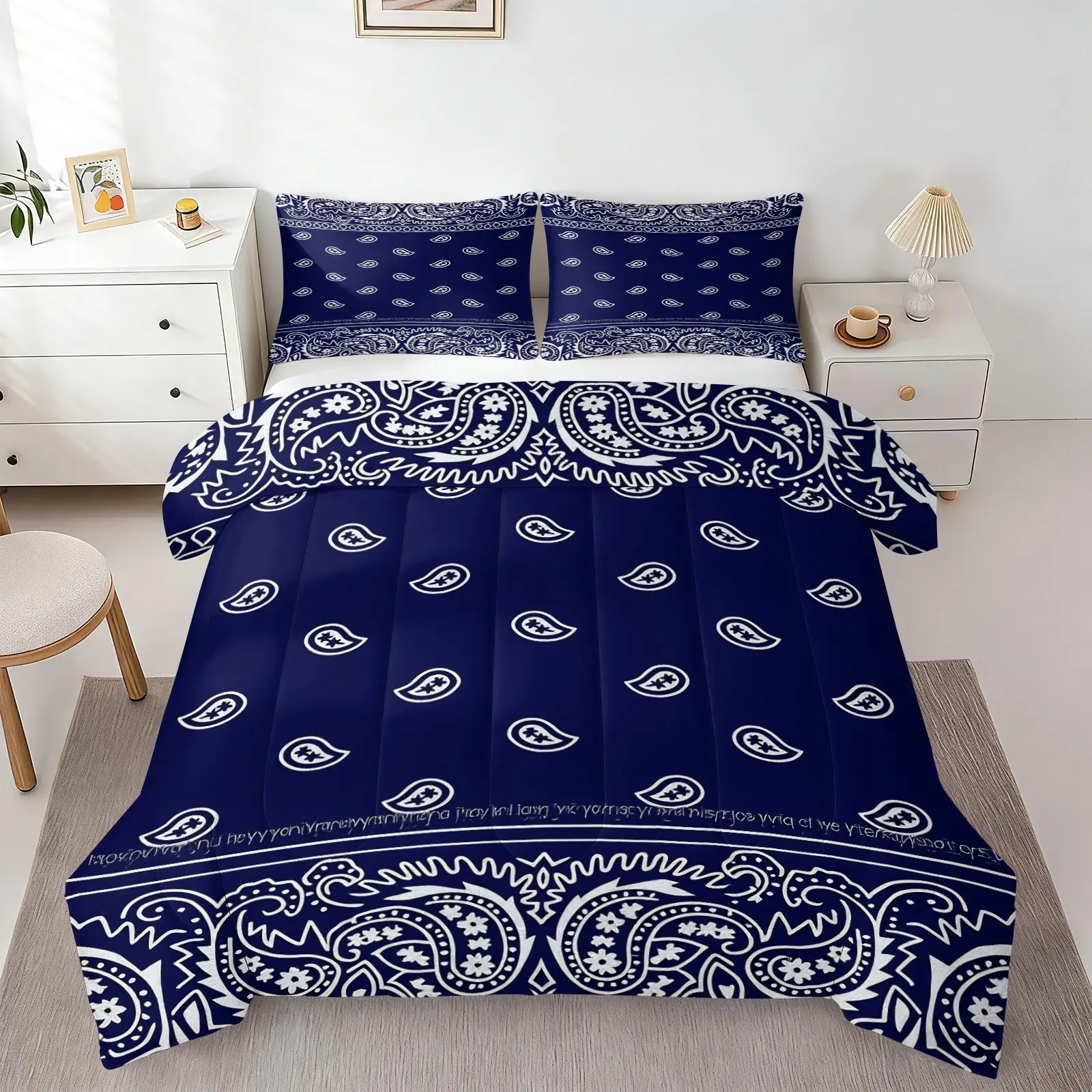 Navy Blue Indigo Paisley Print Comforter Set, 1 Comforter & 1-2 Coreless Pillowcases, Navy Blue Base Paired with White Paisley Pattern, Soft Warm Retro Style Bedroom Decor, Ideal Gift Choice
