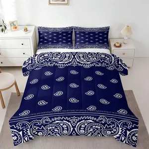 Navy Blue Indigo Paisley Print Comforter Set, 1 Comforter & 1-2 Coreless Pillowcases, Navy Blue Base Paired with White Paisley Pattern, Soft Warm Retro Style Bedroom Decor, Ideal Gift Choice