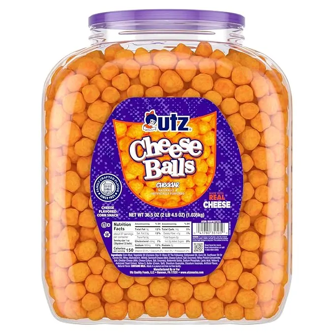 Cheese Balls Barrel, Tasty Snack Baked with Real Cheddar Cheese, Delightfully Poppable Party Snack, Gluten, Cholesterol and Trans-Fat Free, Kosher Certified, 36.5 Oz