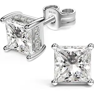 18K White Gold Plated Sterling Silver Princess Cut Cubic Zirconia Stud Earrings Square Simulated Diamond CZ Stud Earrings for Women Men Hypoallergenic