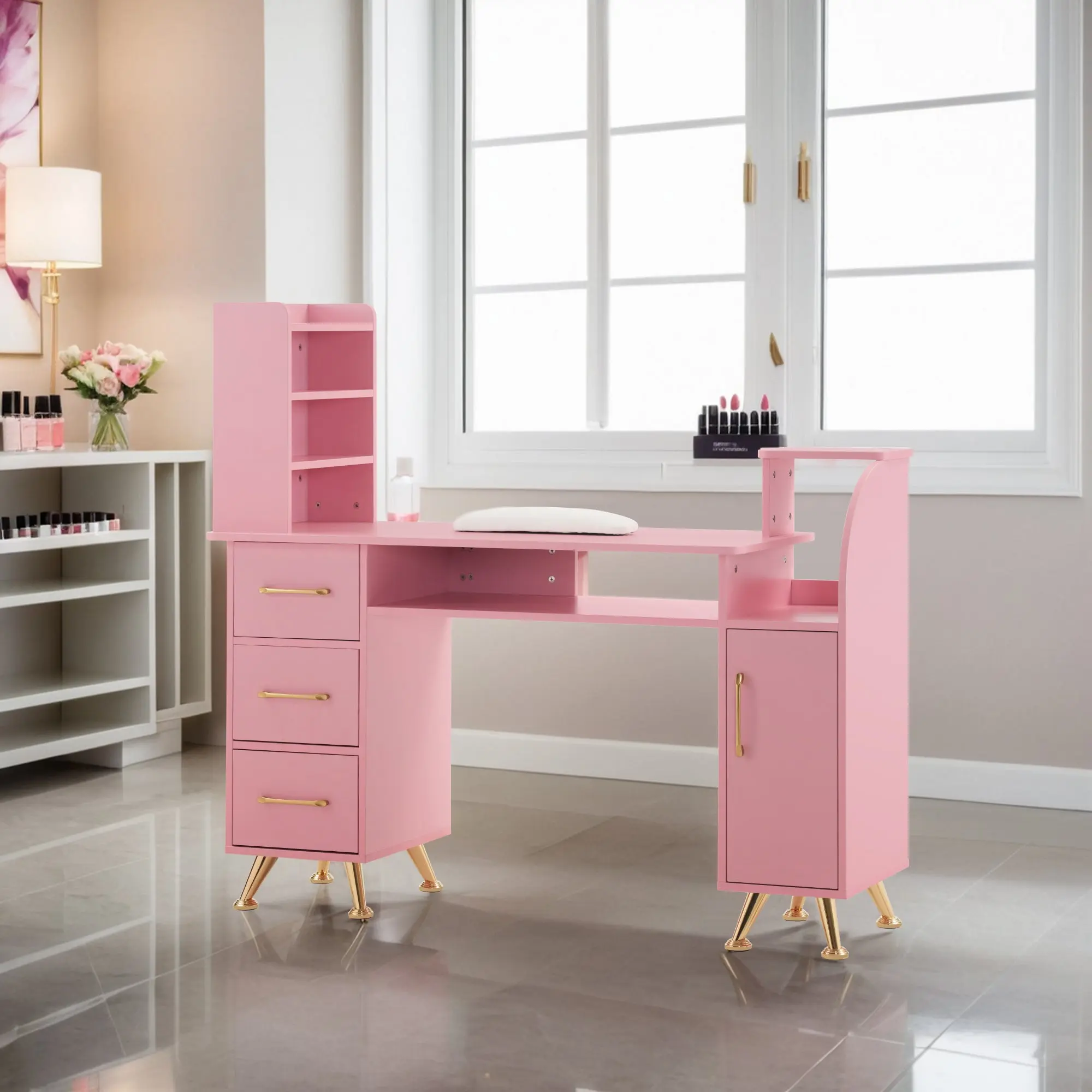 BarberPub Salon Home Manicure Nail Tech Table with Wrist Cushion, Acetone-Resistant Desktop, Open Shelf Keeps Tools Close, Storage Space - Commercial Beauty Makeup Dressing Station 2636